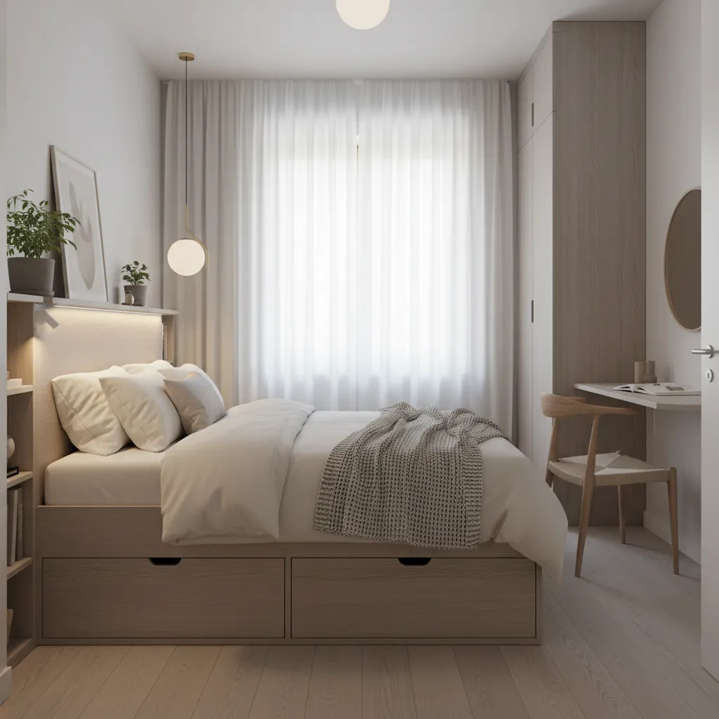 Small modern bedroom with storage bed, wooden desk, chair, large window, white curtains, and light