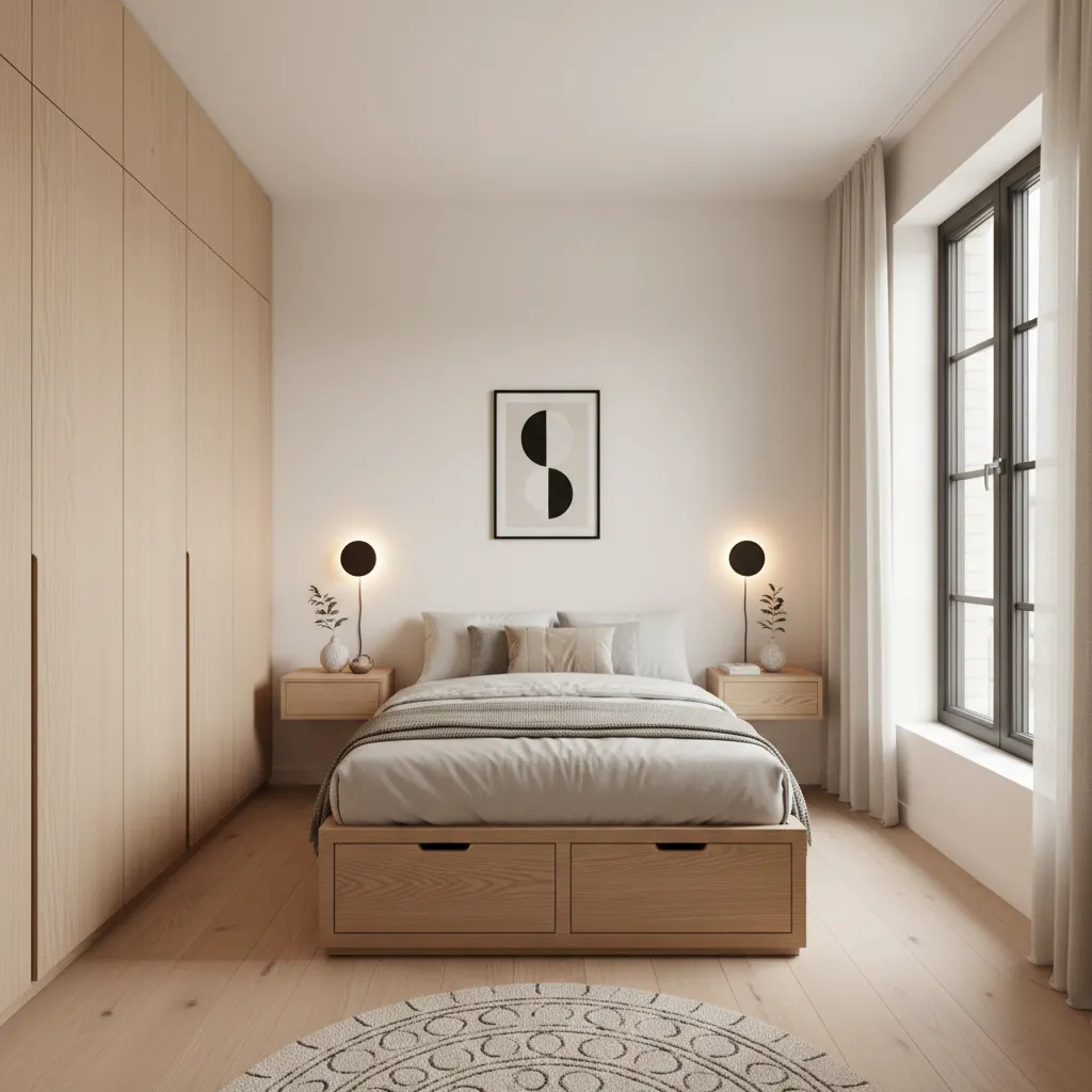 Dormitorio pequeño optimizado con muebles flotantes