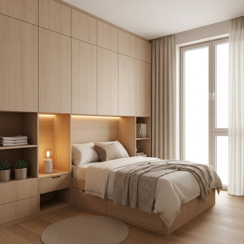 Dormitorio pequeño con almacenamiento integrado