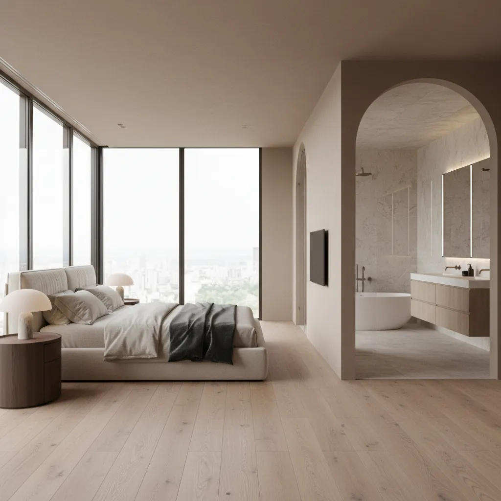 Modern master bedroom featuring large windows wooden floors and an open bathroom with arch doorway