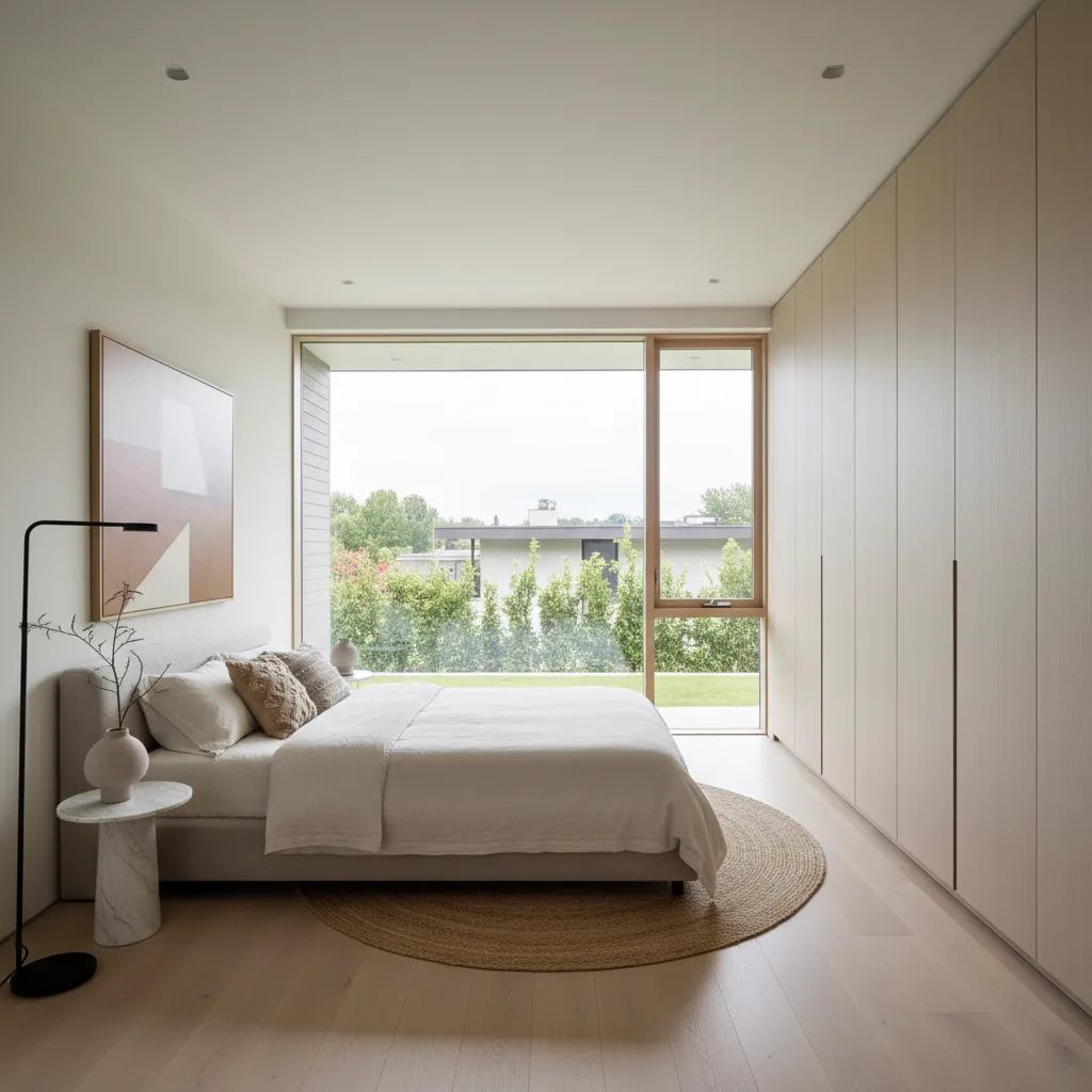 Modern minimalist bedroom featuring large window, wooden wardrobes, grey bed, round rug, and garden view