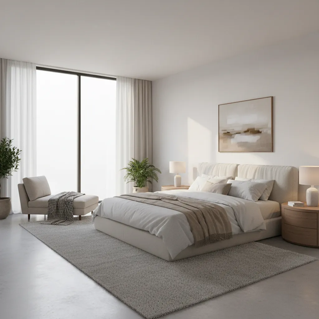 Minimalist master bedroom with beige bed grey rug wooden nightstands white walls and large windows