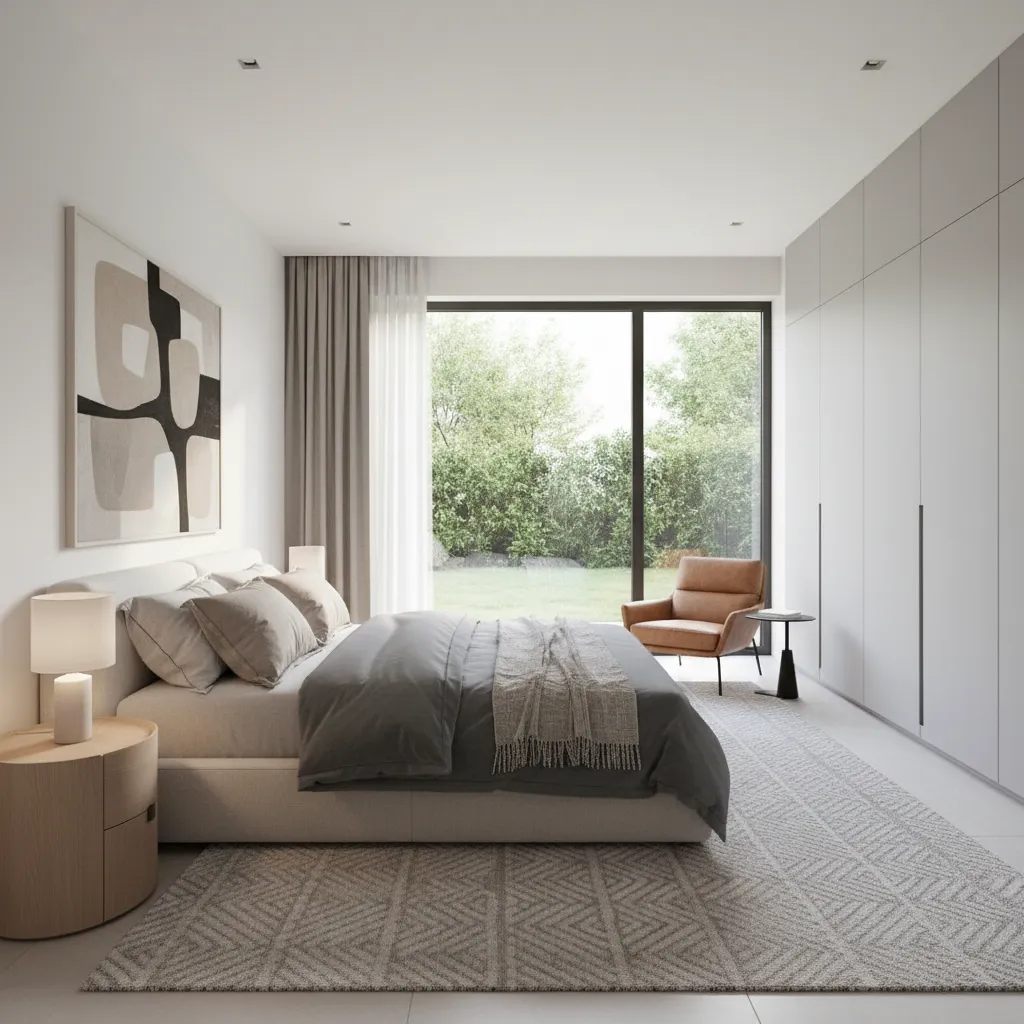 Dormitorio principal moderno con iluminación natural y armario integrado