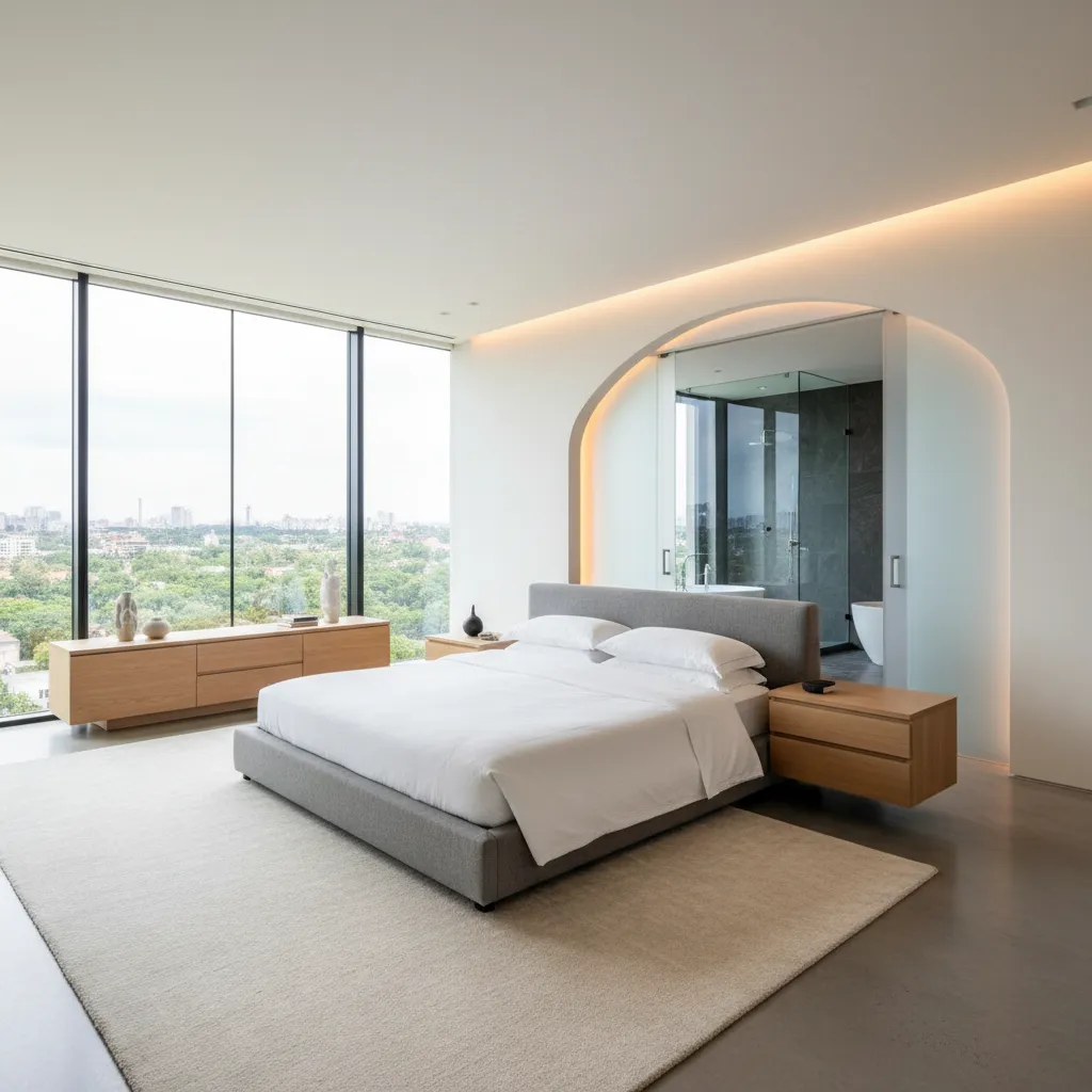Dormitorio principal moderno con baño integrado y luz natural