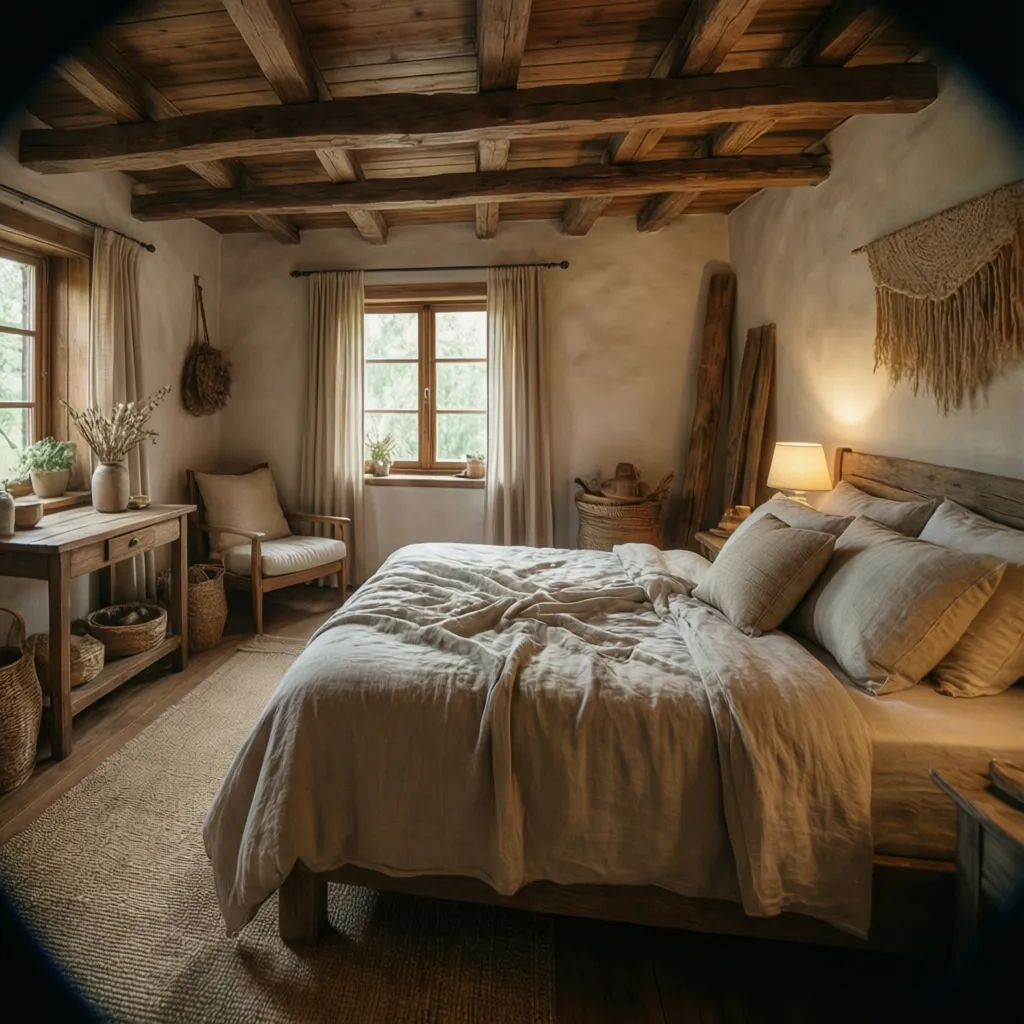 Dormitorio rústico con madera clara y textiles naturales