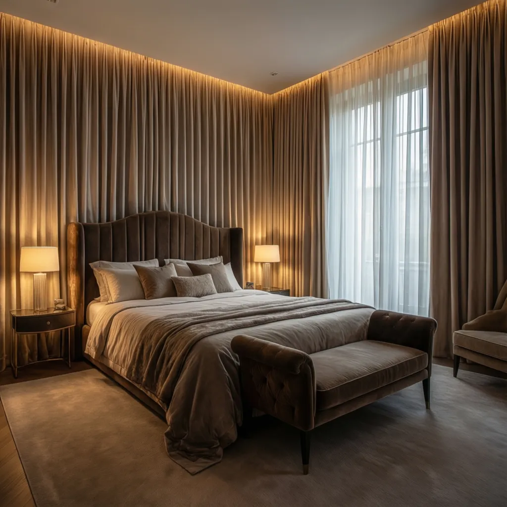 Dormitorio elegante con cortinas de crepé de seda y cabecero de terciopelo