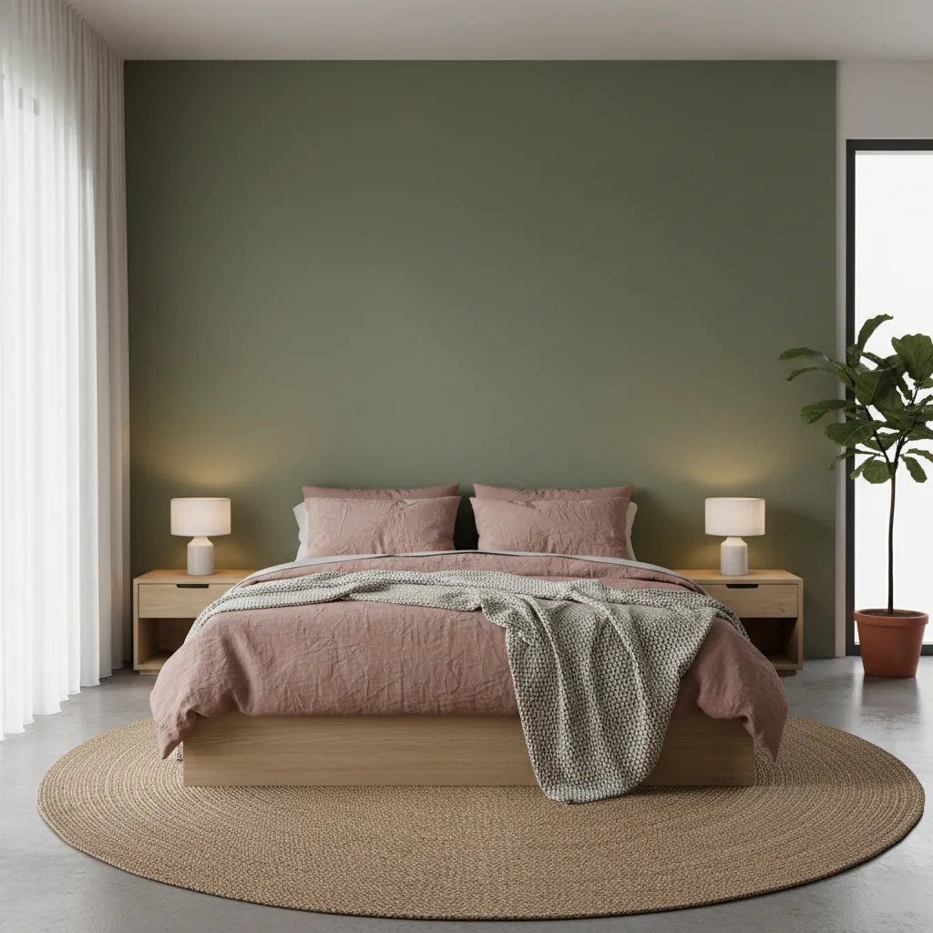 Dormitorio con combinación verde oliva y rosa empolvado