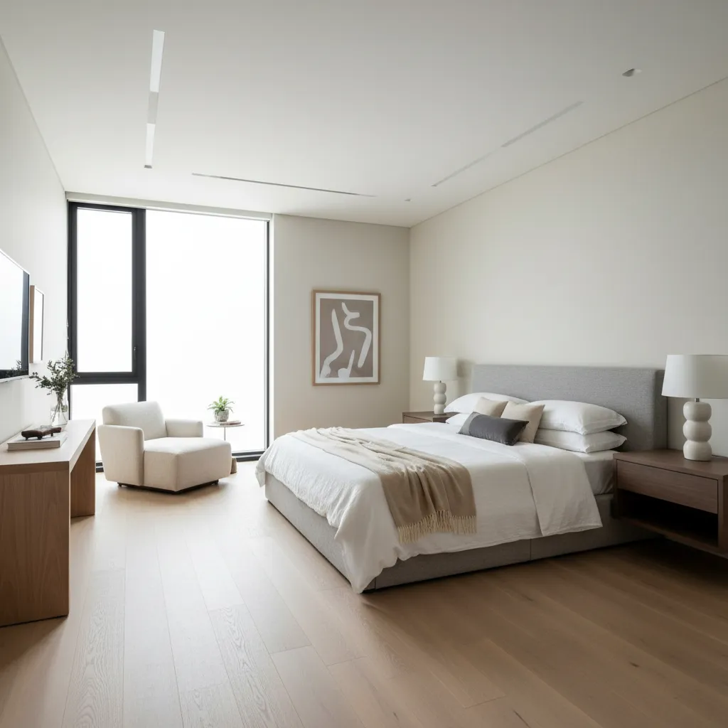 Dormitorio principal luminoso en una casa moderna de 120 m²