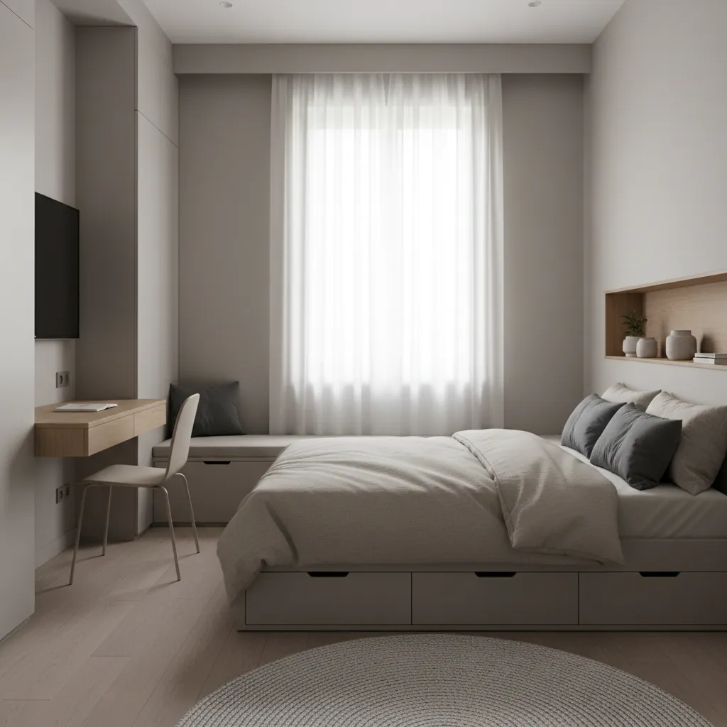 Dormitorio compacto diseñado para una casa de 5 x 12 metros