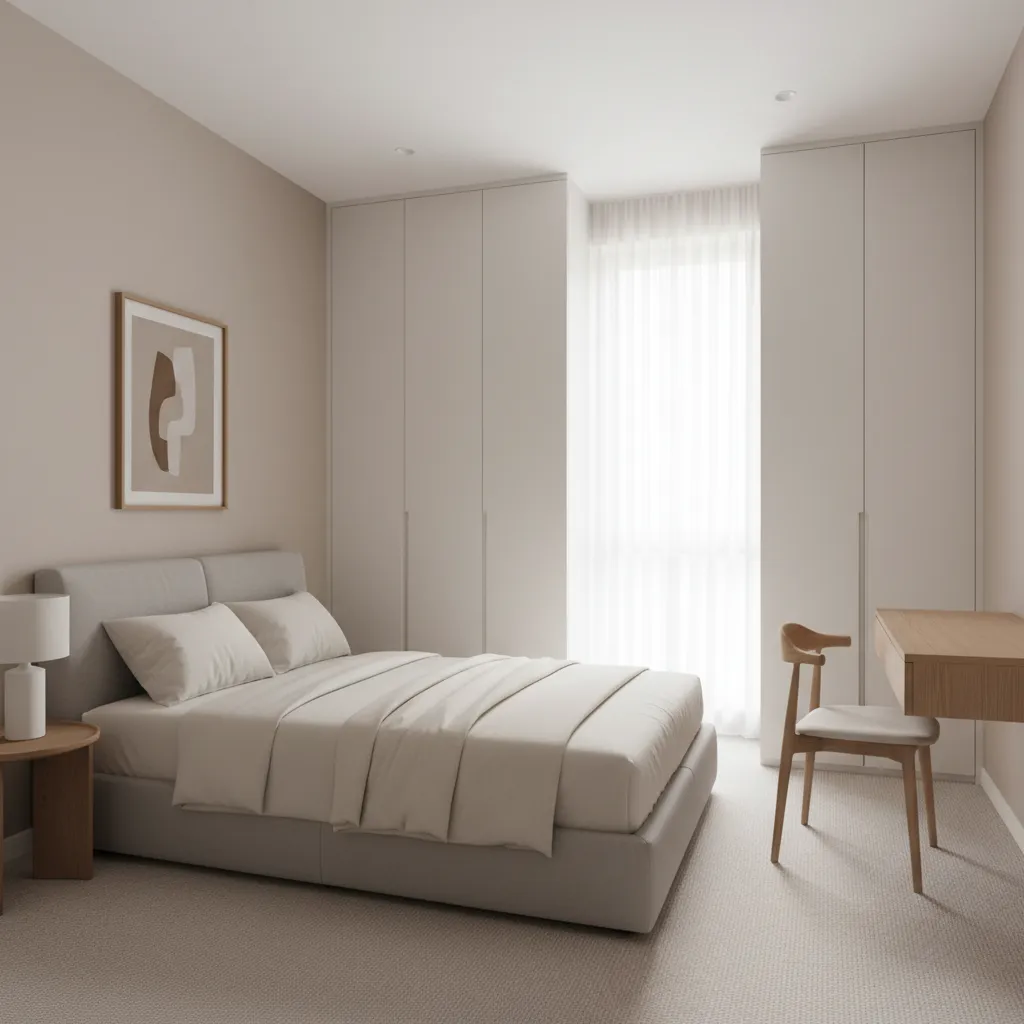 Dormitorio moderno compacto con armario empotrado y escritorio