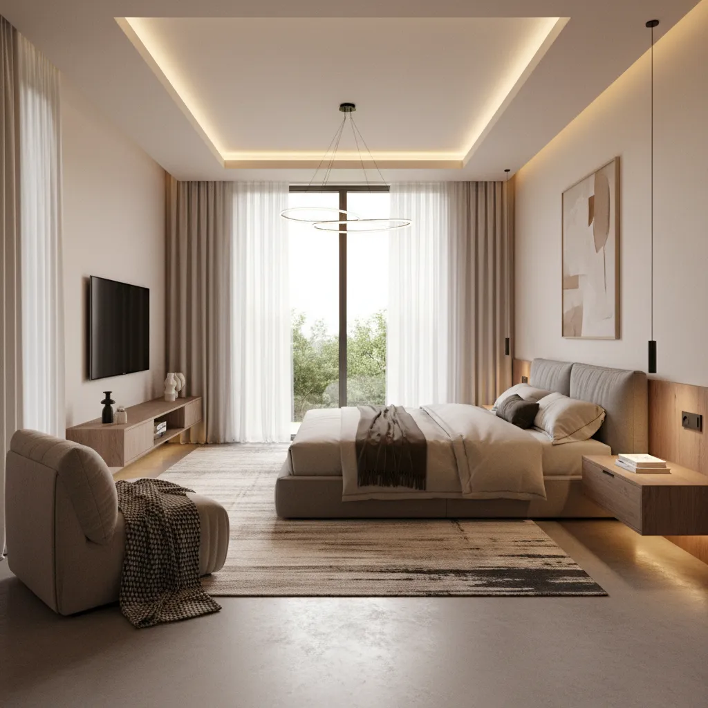 Modern bedroom with grey bed wooden furniture large rug ceiling light and big window curtains