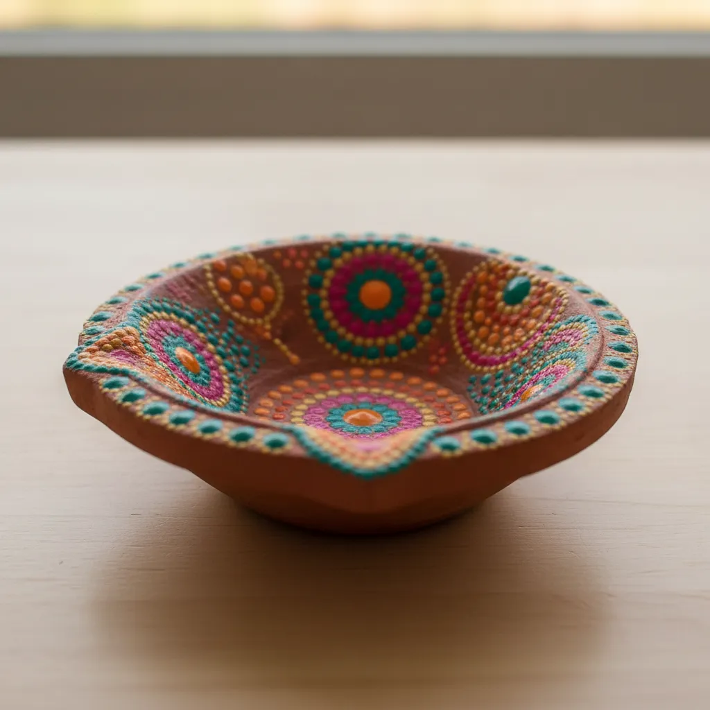 Close up of clay diya decorated with colorful dot patterns