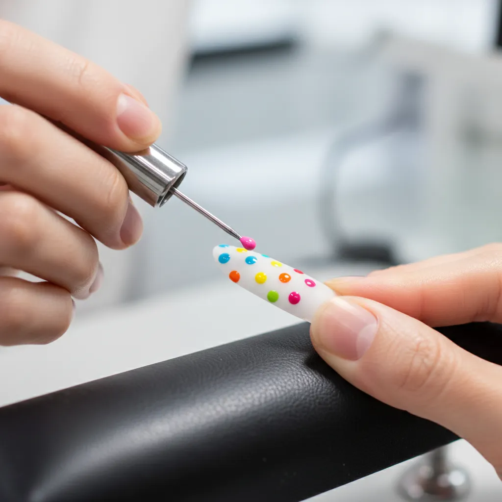 Dotting tools creating polka dot nail polish patterns on practice nails