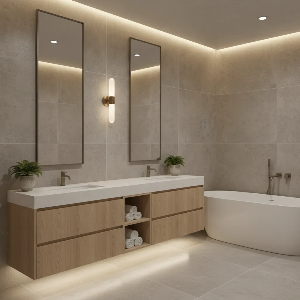 two mirrors above a double vanity in a modern shared bathroom