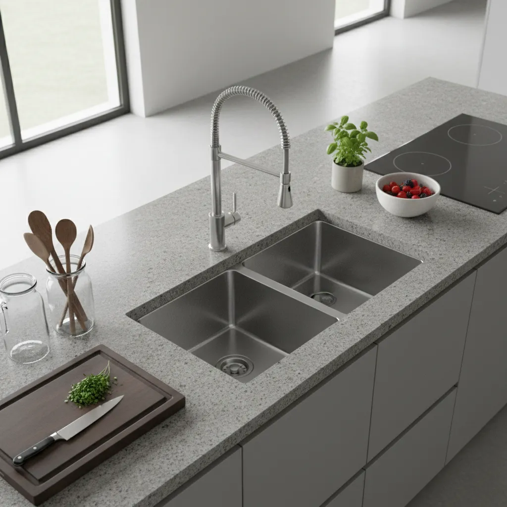 Double bowl stainless kitchen sink with modern countertop layout