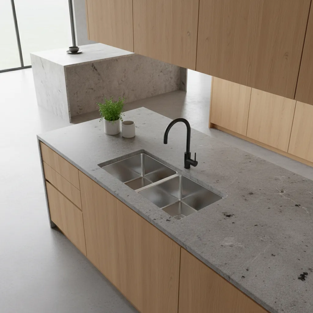 modern double bowl kitchen sink installed in countertop