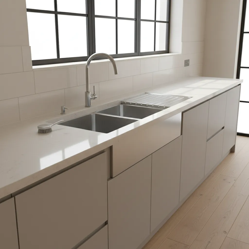 Double bowl stainless steel kitchen sink with drainboard on modern countertop