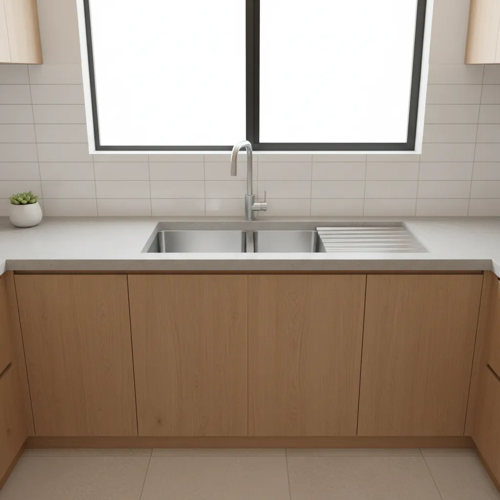 Double bowl kitchen sink with drainboard installed in a modern countertop