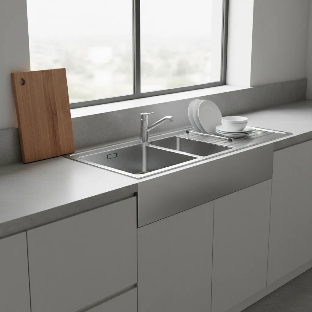 modern kitchen with stainless steel double bowl sink and integrated drainboard