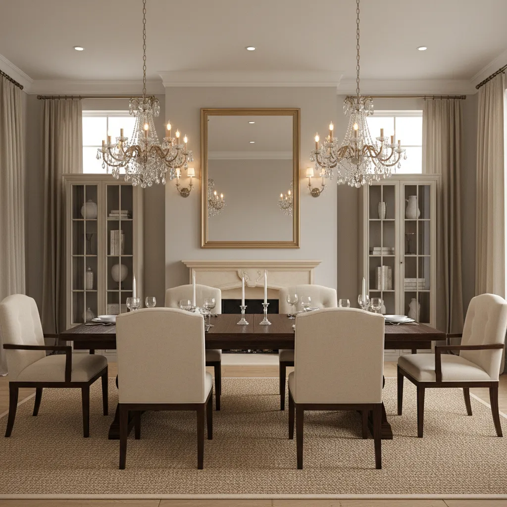 two chandeliers hanging above a long rectangular dining table