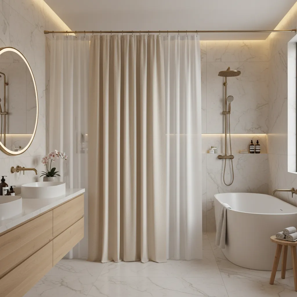 Stylish bathroom with layered double shower curtains creating a hotel-like look