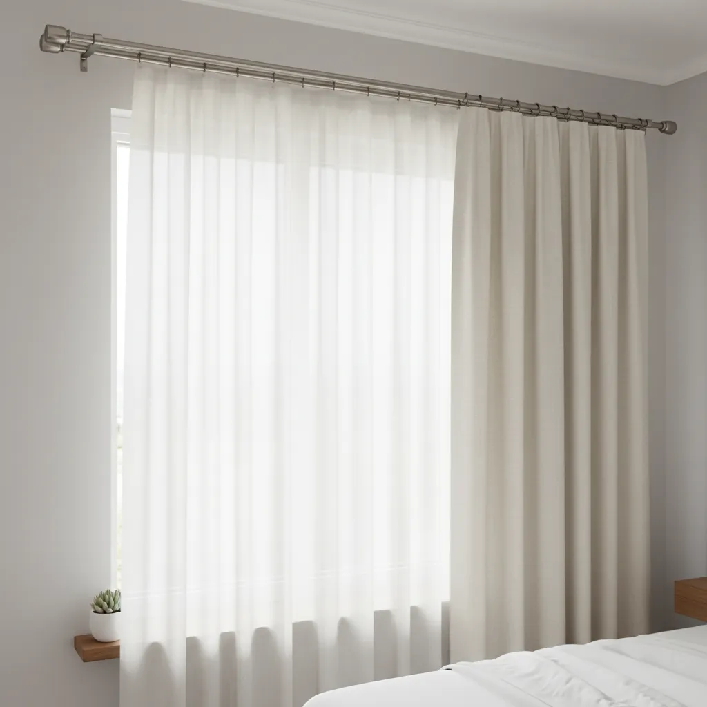Double curtain rod setup showing sheer curtain and cream drape layers