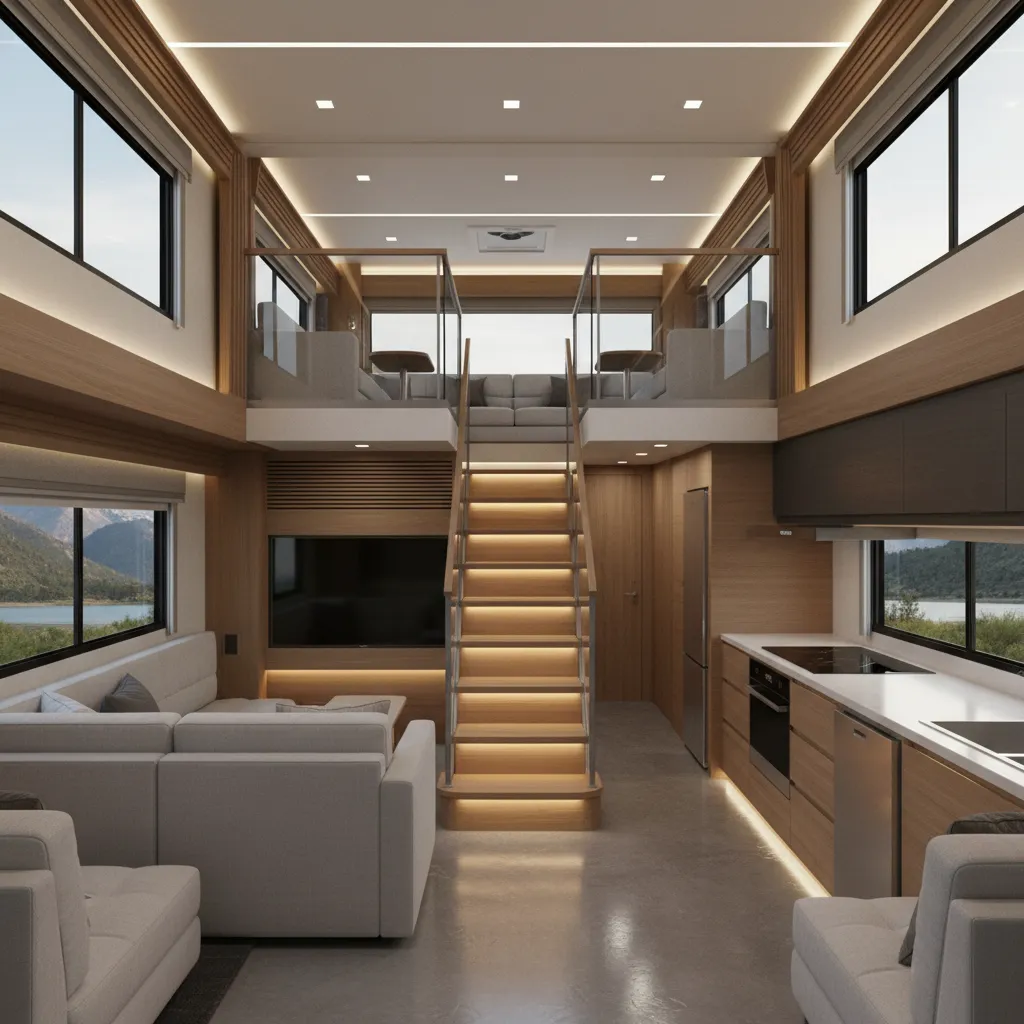 Interior staircase connecting two levels in a double decker motorhome