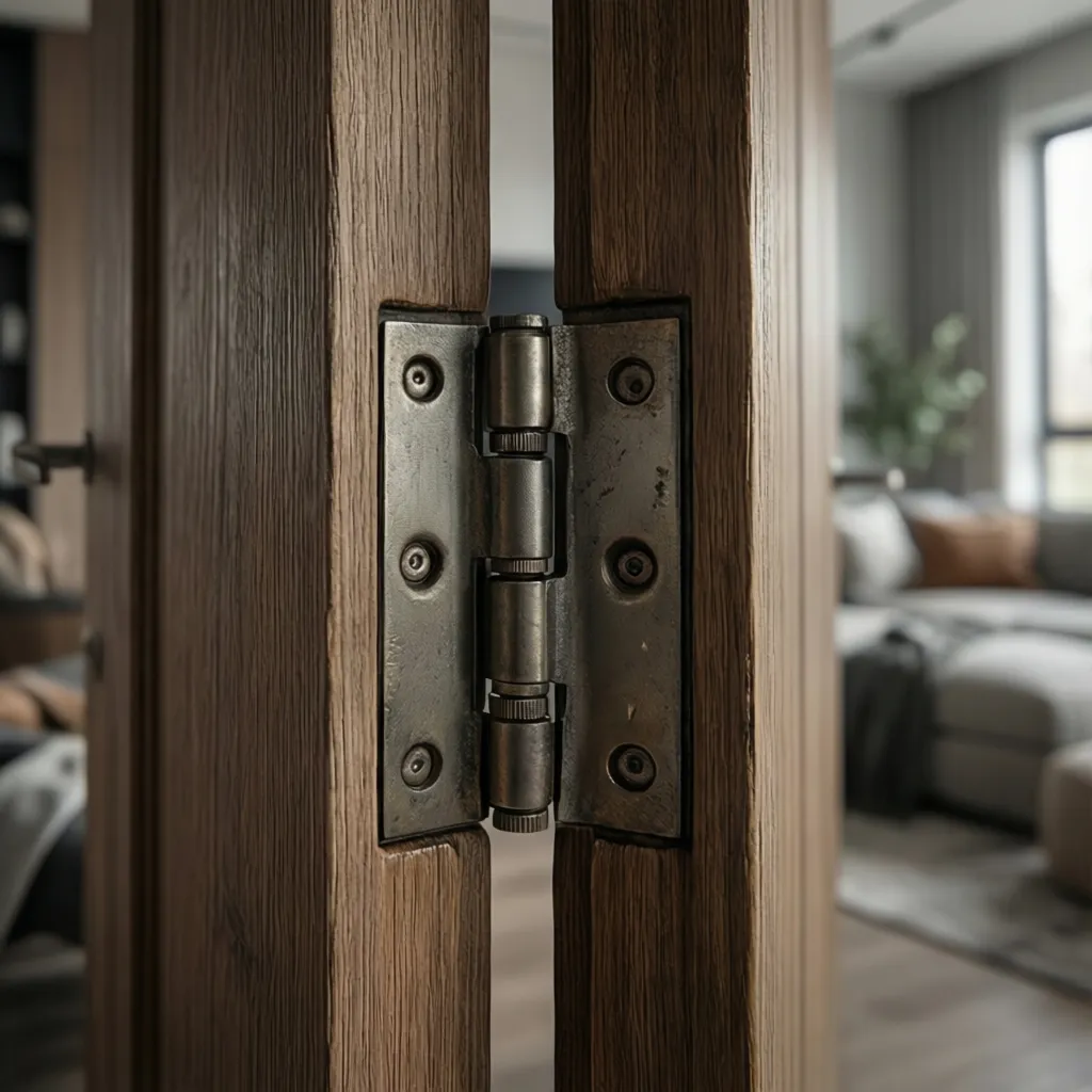 Close-up of heavy double door hinge under stress in narrow frame