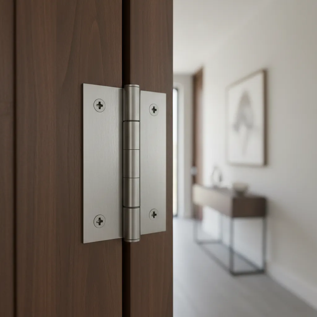 close up of heavy door hinge on interior double doors