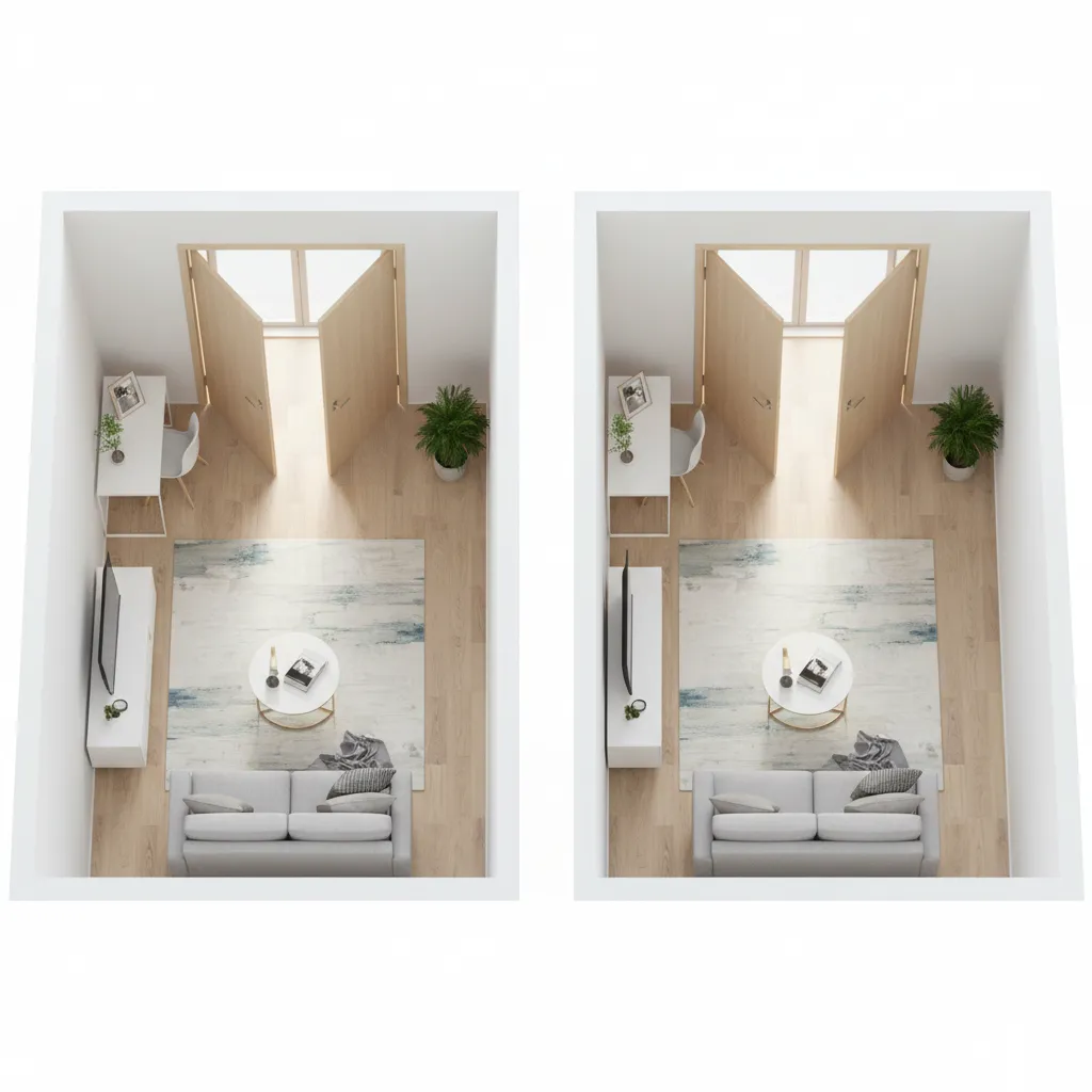 Comparison of inward and outward double door swing in a small room