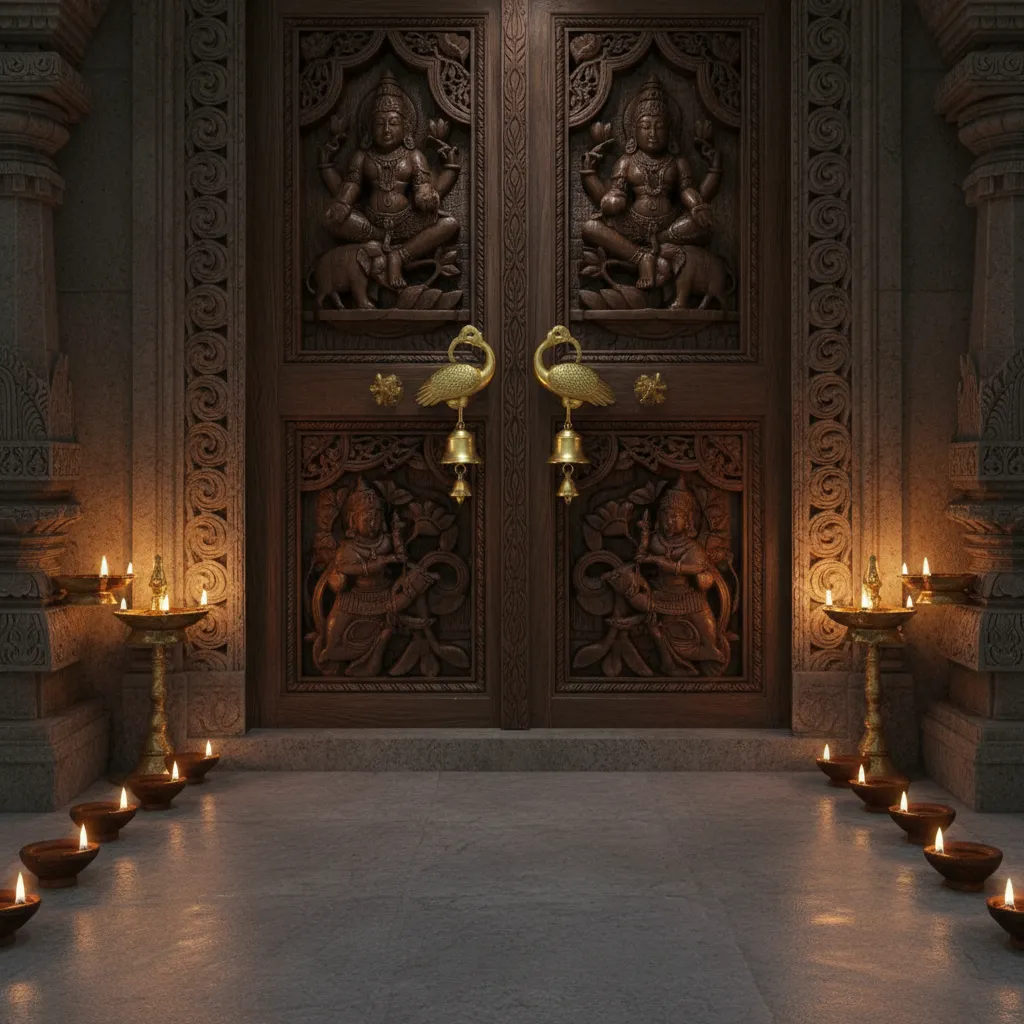 Traditional double door pooja room entrance with brass handles