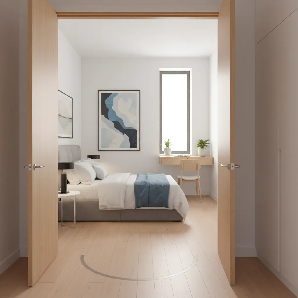 Double doors inside a compact room demonstrating limited swing clearance