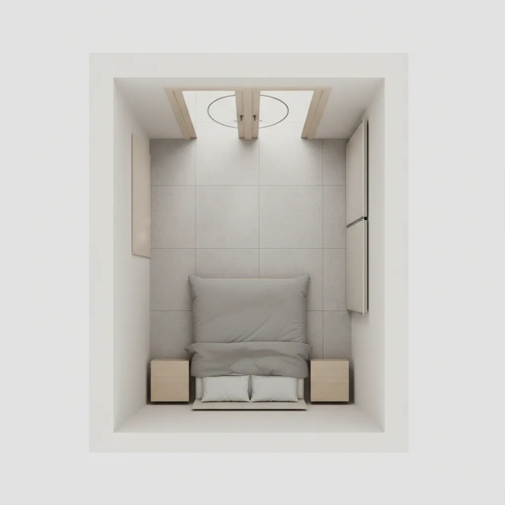 Room layout showing double door swing arcs and furniture placement conflicts