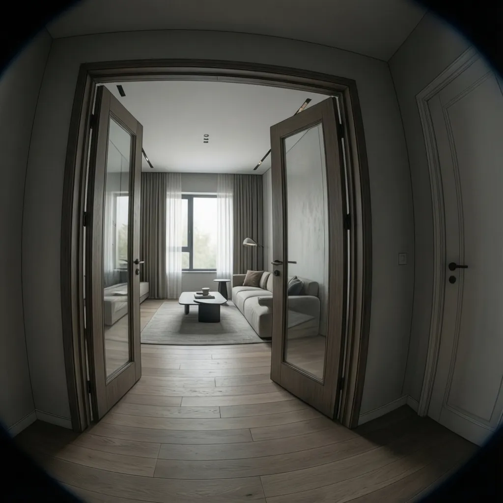 Double door swing arc visualization in a small room layout