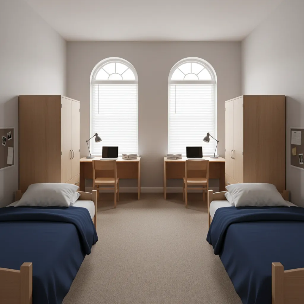 shared double dorm room layout with two beds and desks