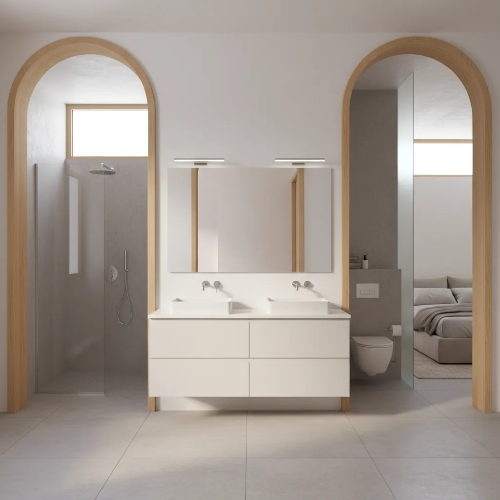 Example of a double entry bathroom layout connecting hallway and bedroom