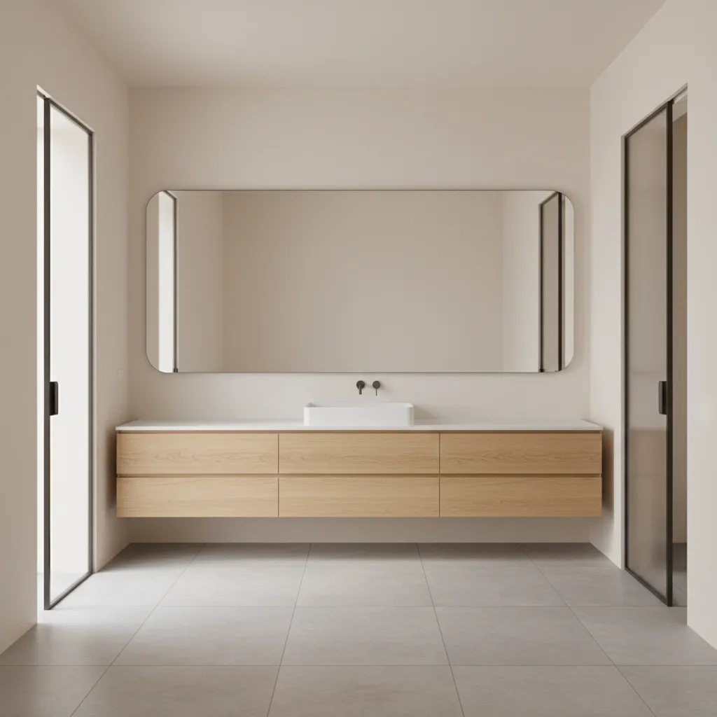 double entry bathroom interior with two doors and shared vanity area