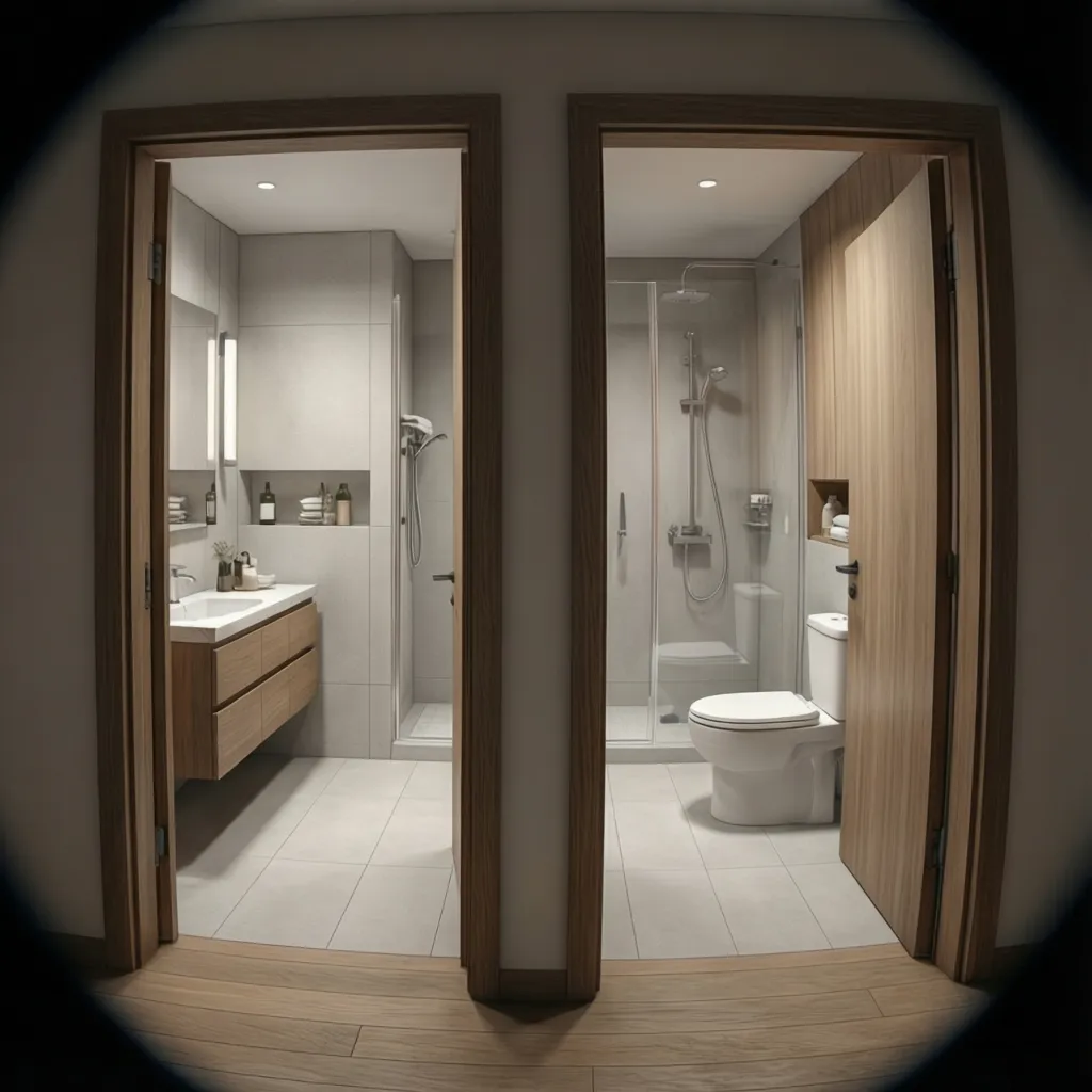 8x10 bathroom with two doors illustrating circulation paths and traffic flow