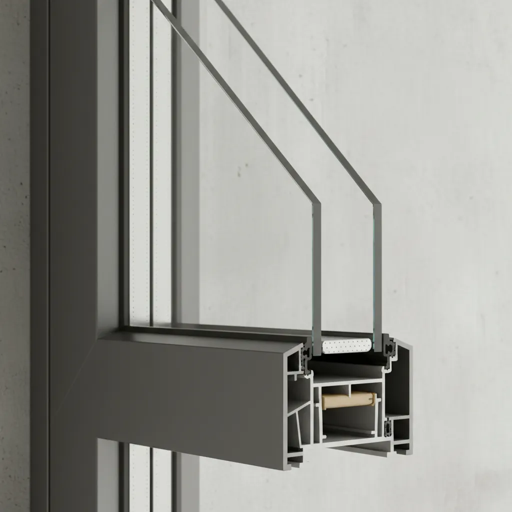 Detailed cross section of window frame showing two glass panes and internal metal support frame