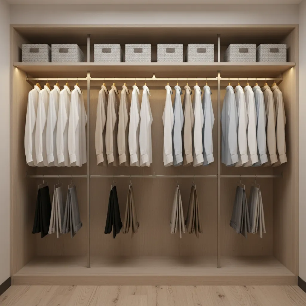 Double hanging rod layout inside a small closet
