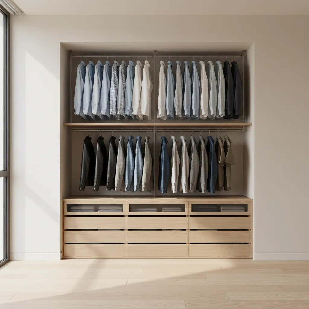 Closet with double hanging rods drawers and organized clothing