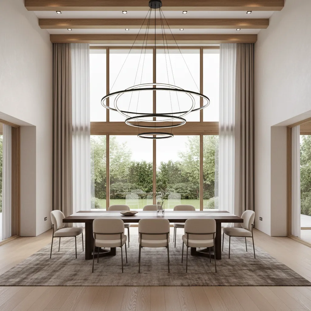 Double height dining room with properly scaled chandelier above dining table