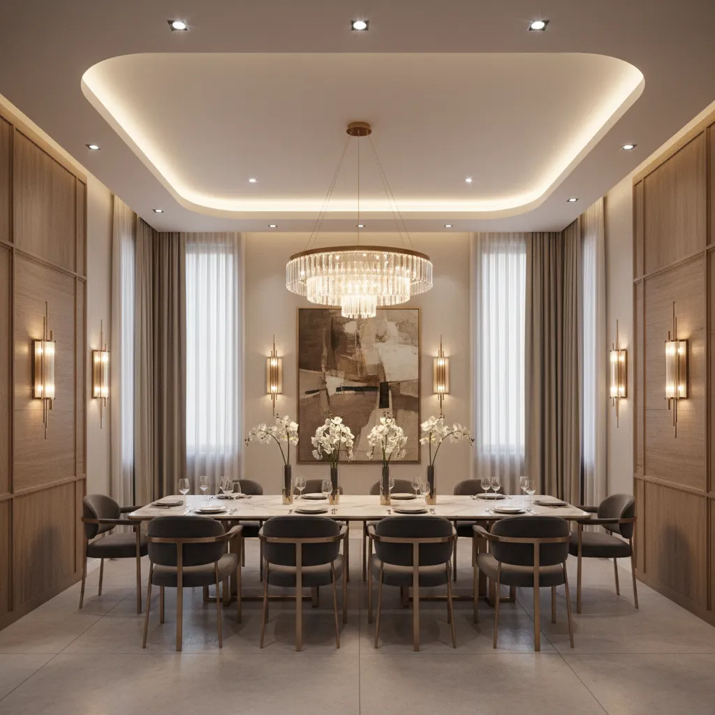 Dining room showing chandelier wall lighting and ceiling accent lighting layers