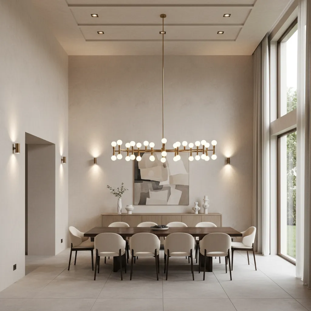 Modern double height dining room showing layered lighting from chandelier recessed lights and wall lighting
