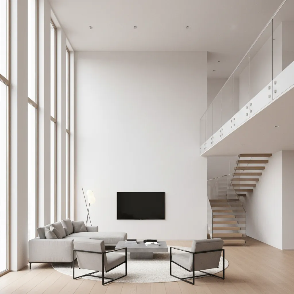 small duplex house double height living room with tall windows