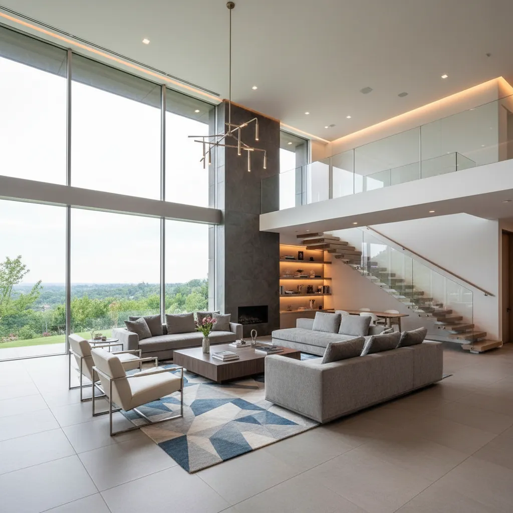 Salón con doble altura en una casa moderna de dos plantas