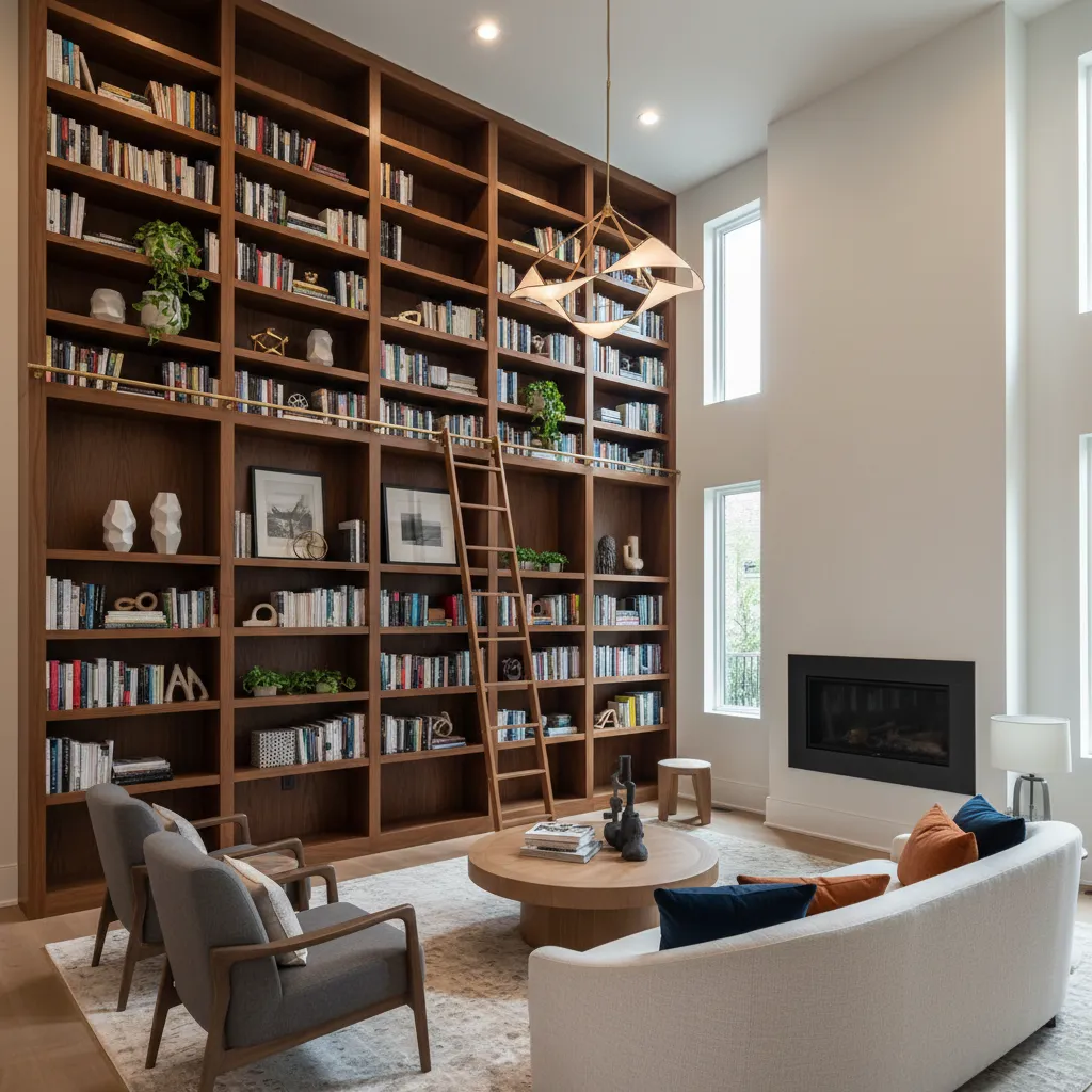 Floor to ceiling bookshelf wall in double height living room
