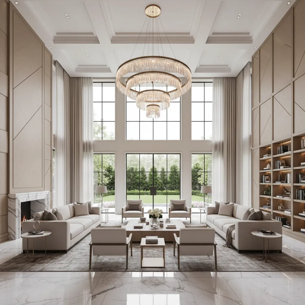 Large chandelier hanging in a double height living room