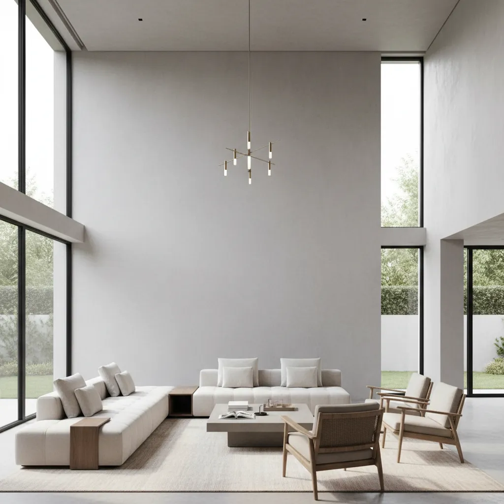 Spacious living room with tall double height wall and large windows