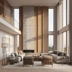 Large living room featuring stone and wood wall panel fireplace sofas wooden chairs and windows